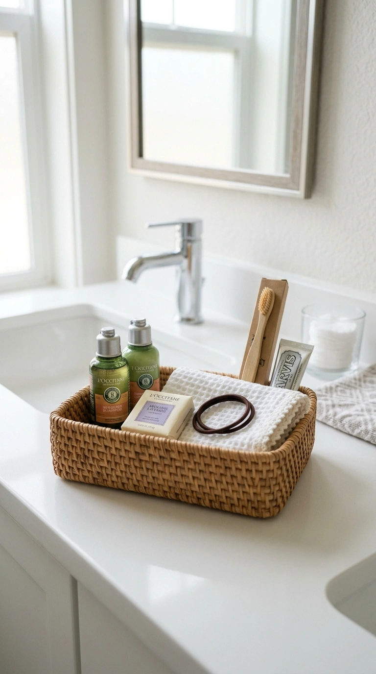 19 Elegant Guest Bathroom Decor Ideas You'll Want to Copy 20 019 Guest Amenity Basket A close up shot of a small wo