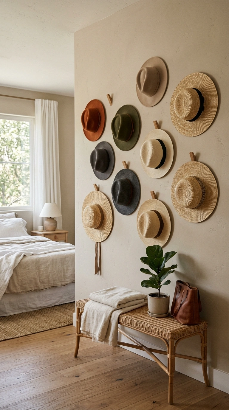 23 Easy Wall Decor Ideas to Make Any Room Look Brand New 20 019 Hat Wall Display A bedroom wall styled with a loos