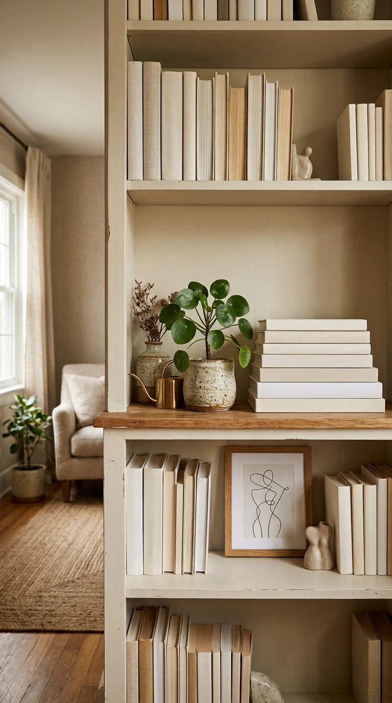 019 Ivory Bookshelf Styling A living room bookshelf st