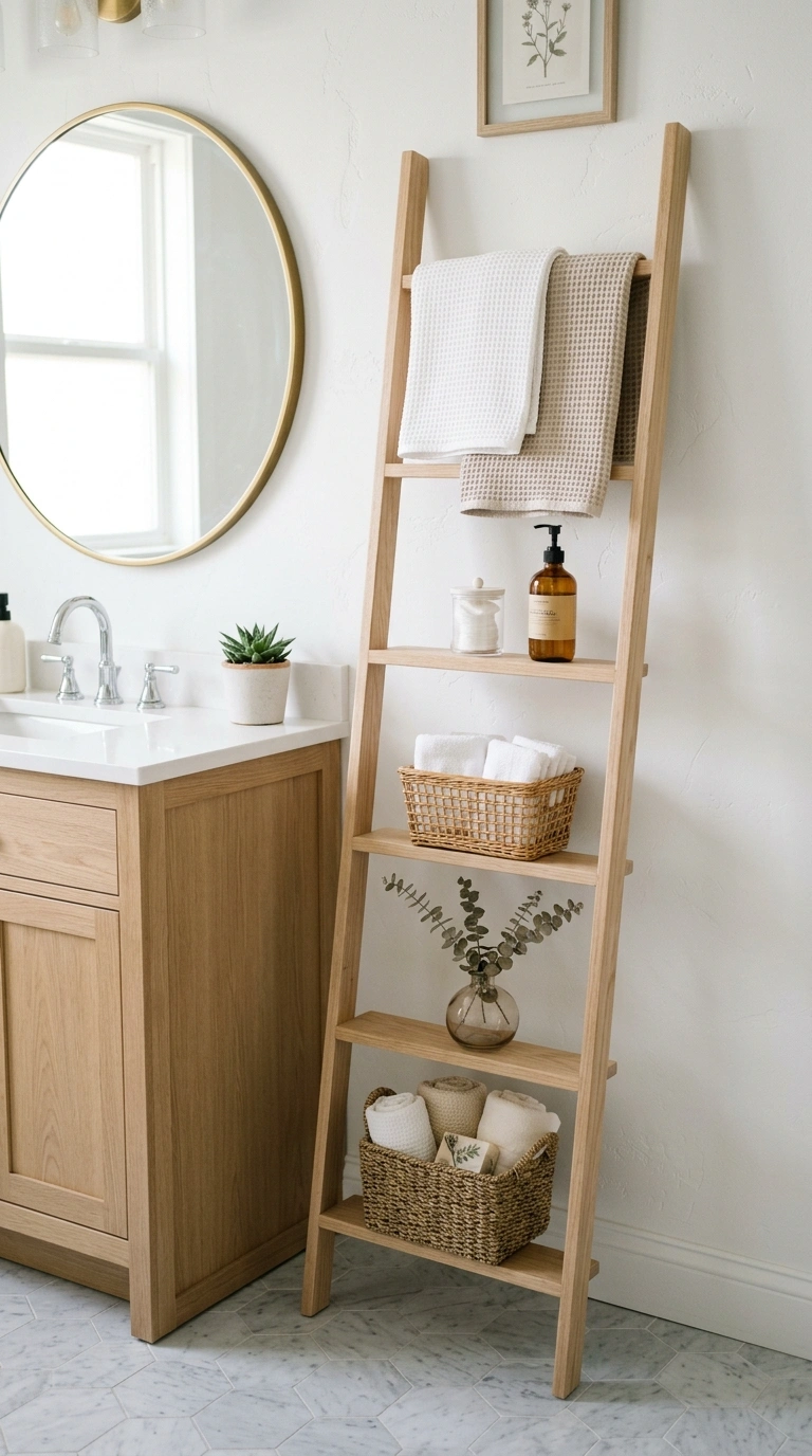 019 Light Wood Ladder Shelf A slim light wood ladder s
