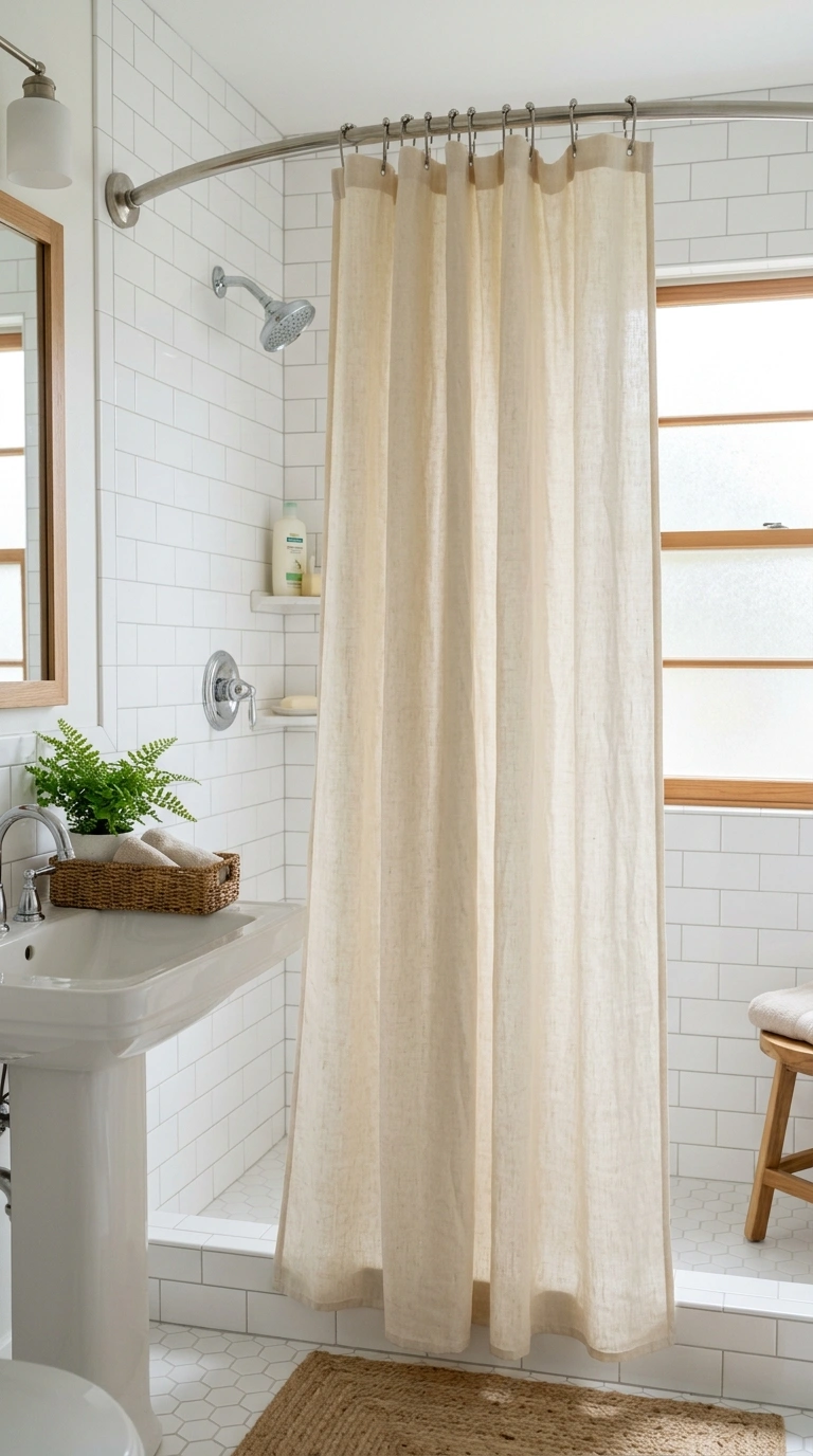 019 Linen Shower Curtain A soft cream linen shower cur