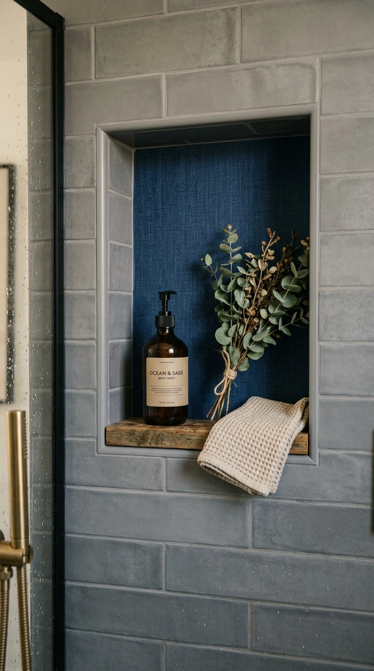 019 Navy Wallpaper Accent A bathroom niche inside a sh