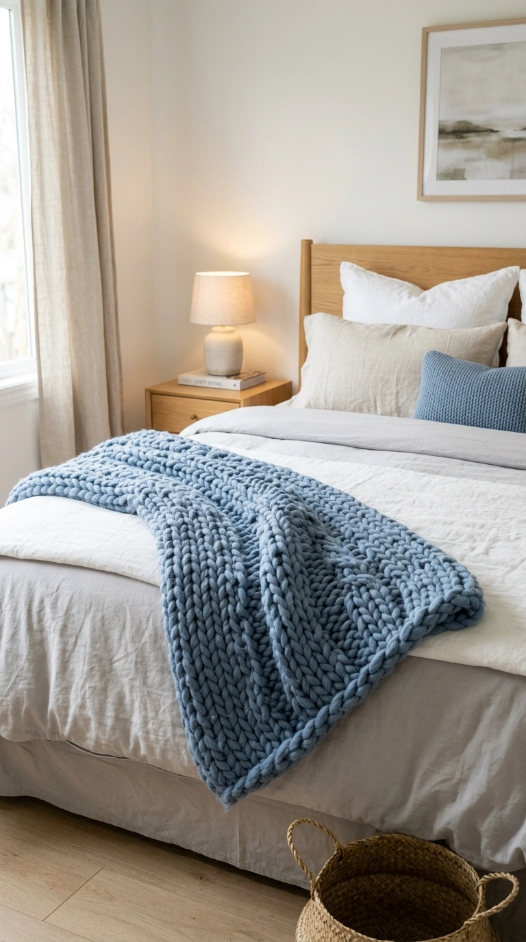 019 Soft Blue Throw A bedroom bed featuring a chunky k