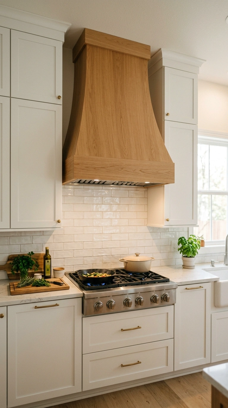 019 Statement Range Hood A white kitchen featuring a t