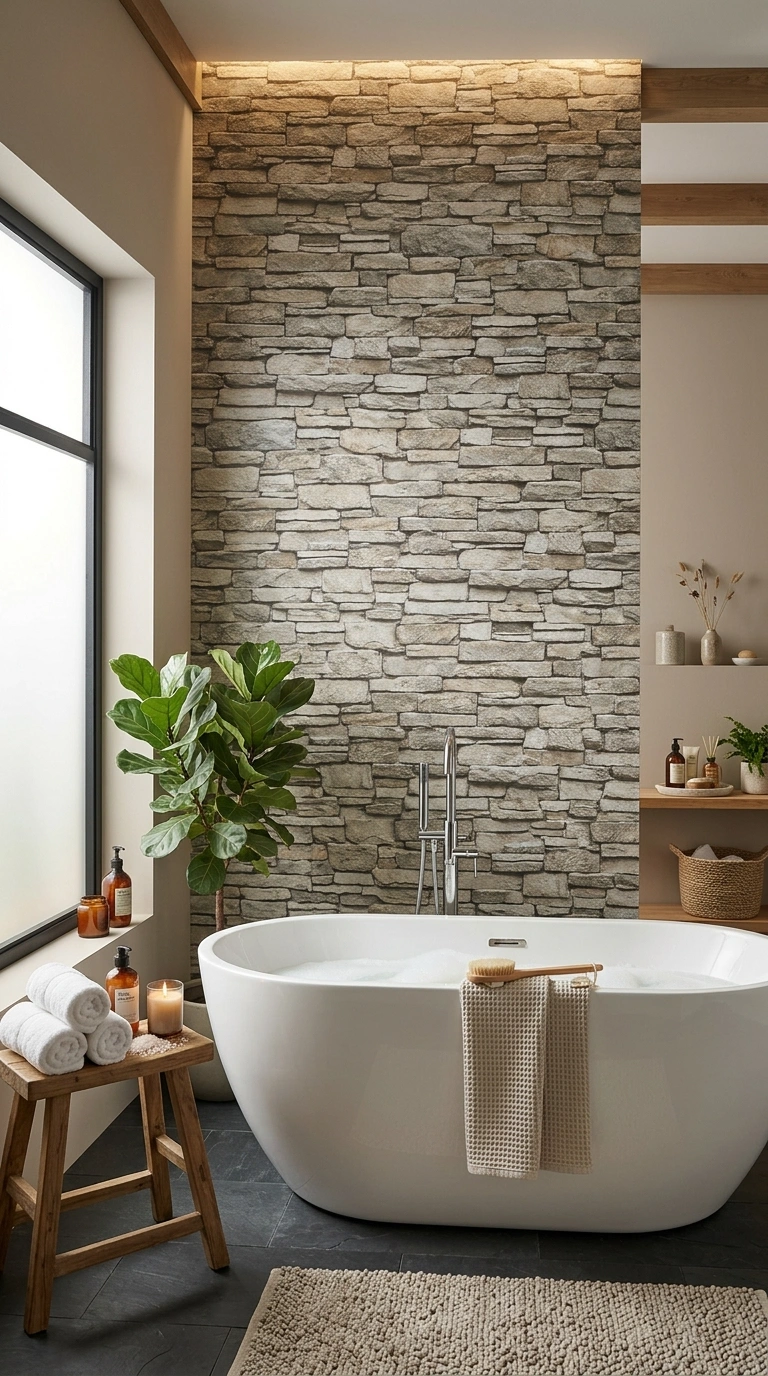 019 Stone Look Panels A spa inspired bathroom featurin