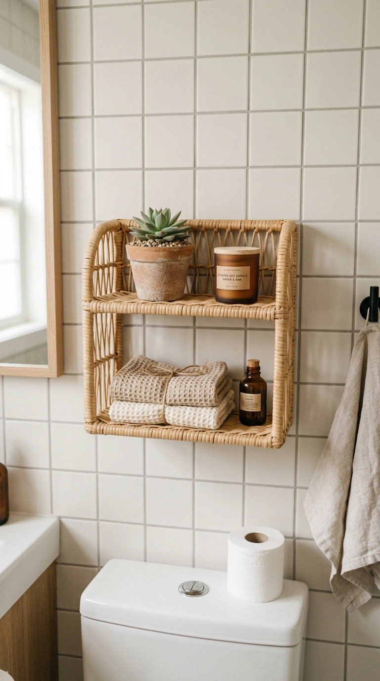 019 Wicker Wall Shelf A bathroom wall above the toilet
