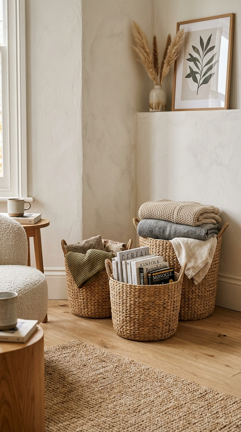 019 Woven Basket Storage A living room wall base with