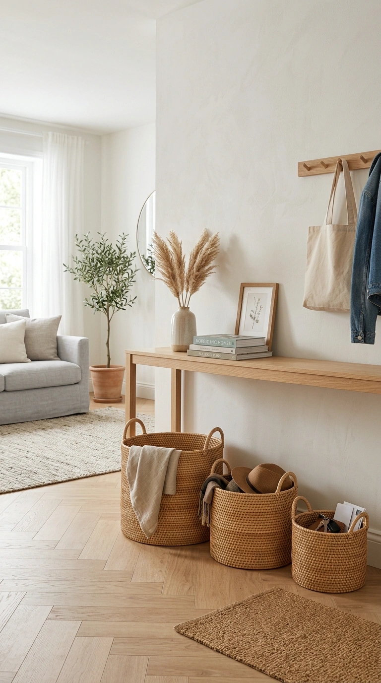 019 Woven Basket Storage Three woven rattan baskets of
