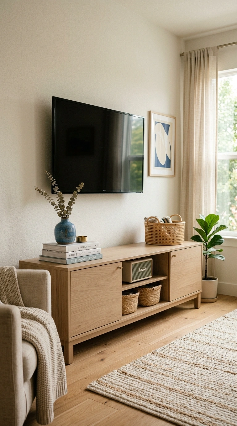 23 Blue and Beige Living Room Ideas That Make This Classic Pairing Work 21 020 20 Beige Media Console A low beige media console u