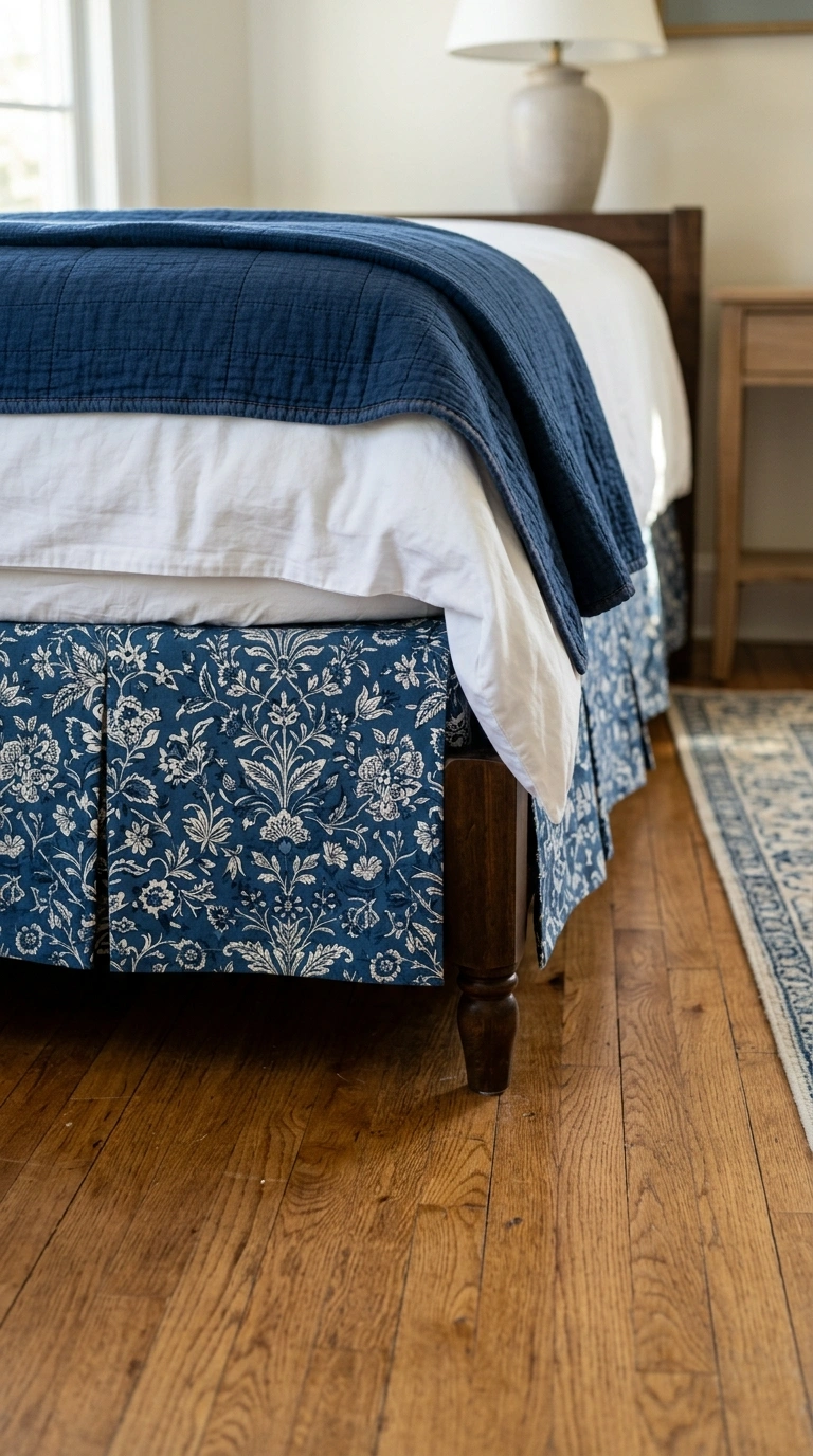 020 20 Blue Patterned Bed Skirt A low angled shot of a