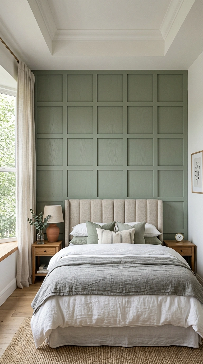 020 20 Sage Green Wall Paneling A bedroom headboard wa