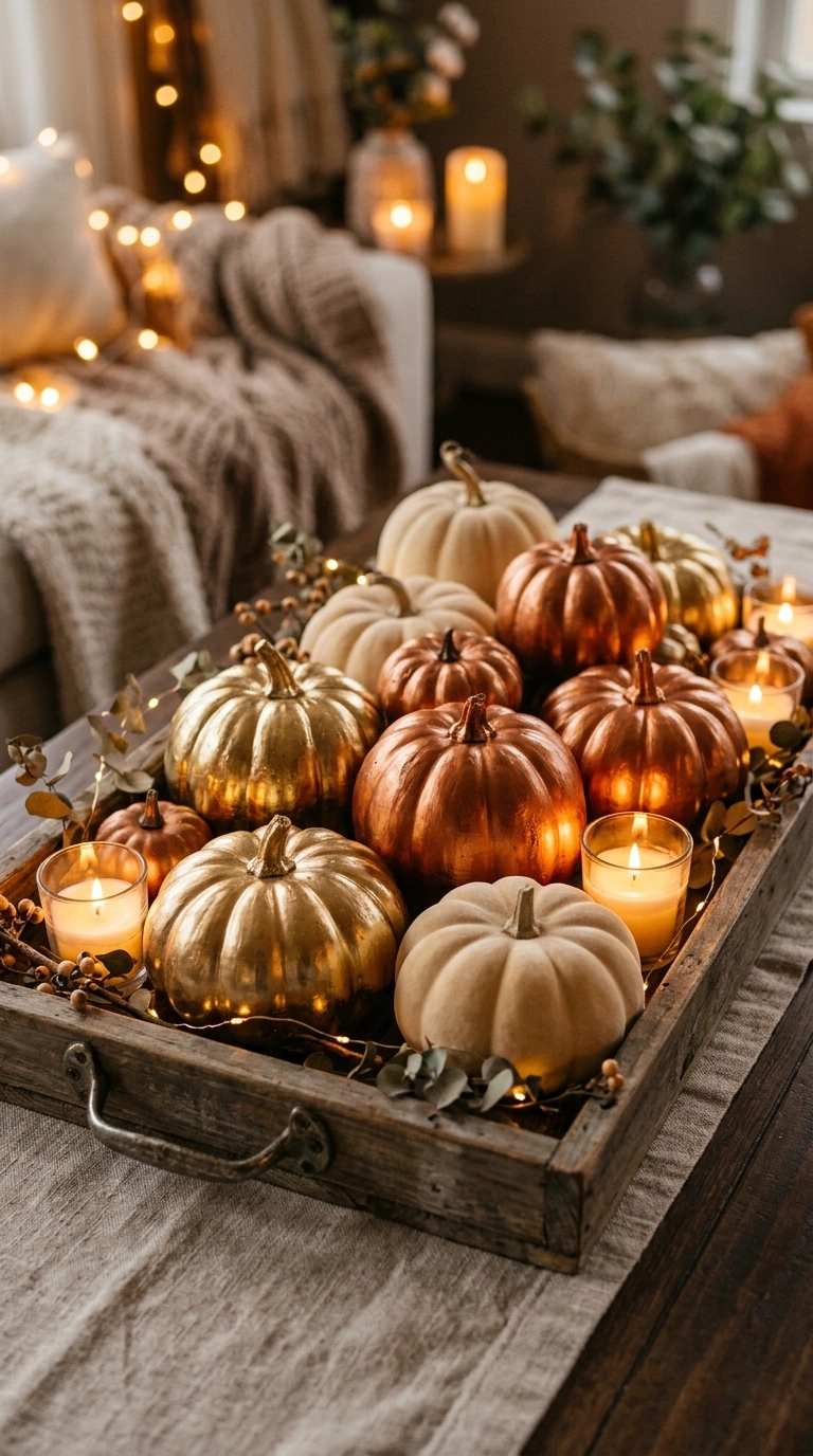 25 Dollar Tree Fall Decor Ideas That Look Expensive 21 020 20 Spray Painted Pumpkins Metallic A tray styled w