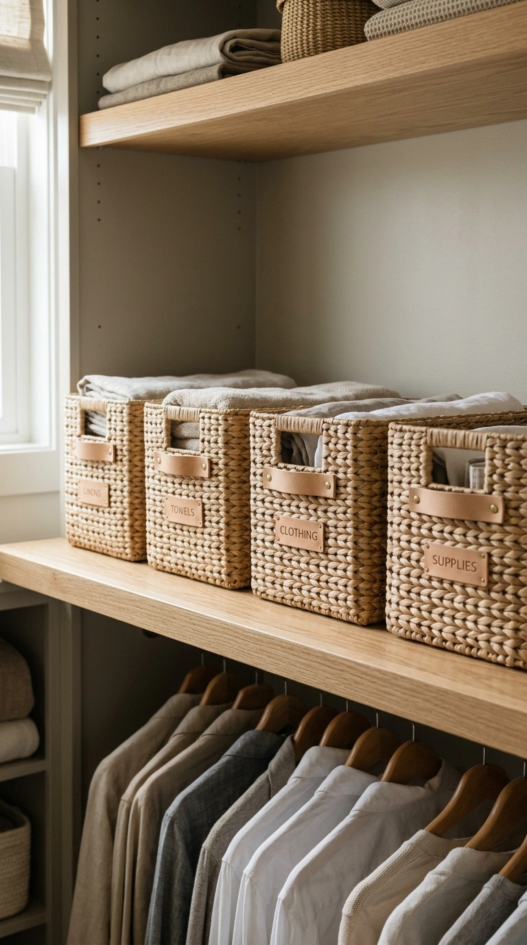 020 Baskets On Shelf A row of four matching woven bask