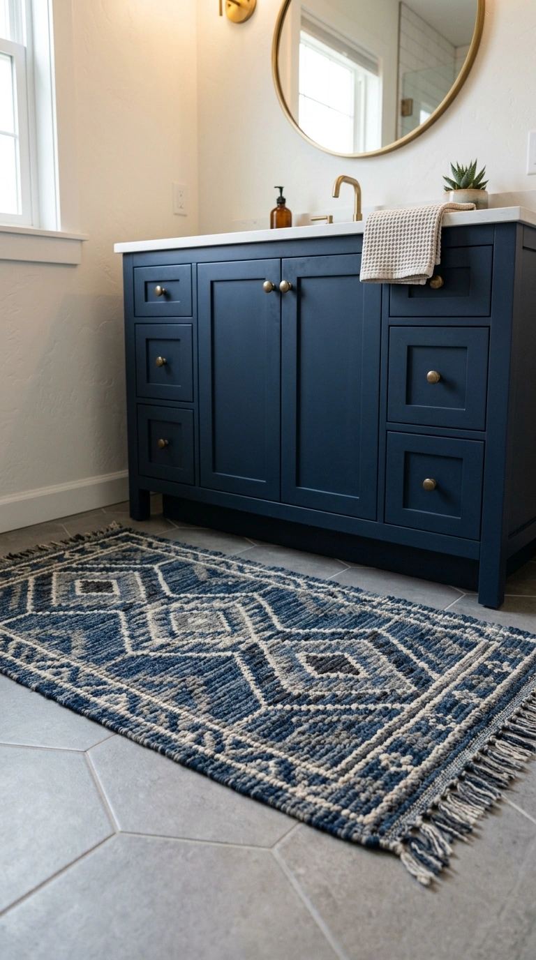 020 Blue And Gray Rug A bathroom floor featuring a blu
