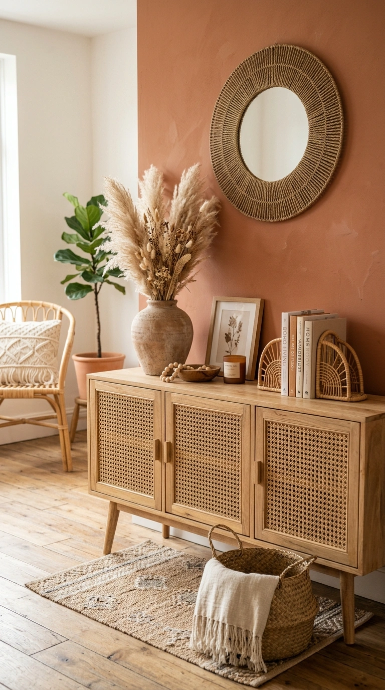 020 Boho Style Console A boho styled living room with