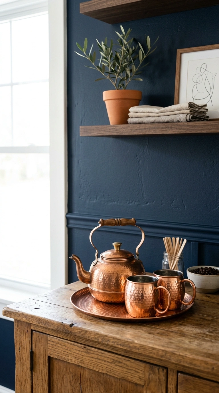 020 Copper Accent Bar A copper kettle and two copper m