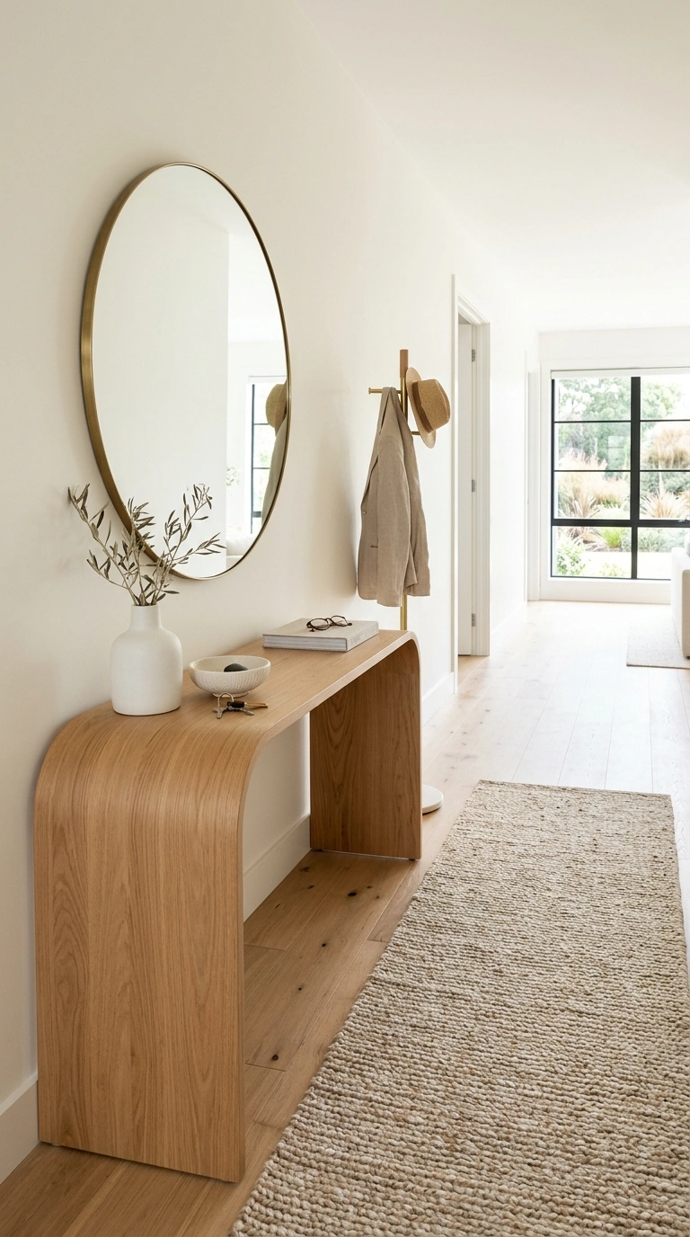 24 Large Entry Hallway Ideas for a Stylish First Impression 21 020 Curved Console Table A wide entry hallway with a s