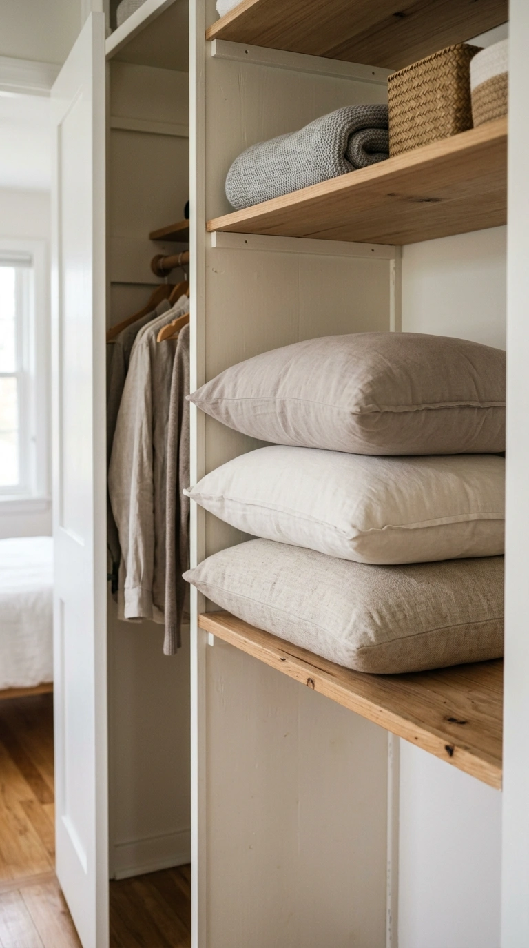 020 Extra Pillow Stack A guest bedroom closet shelf wi