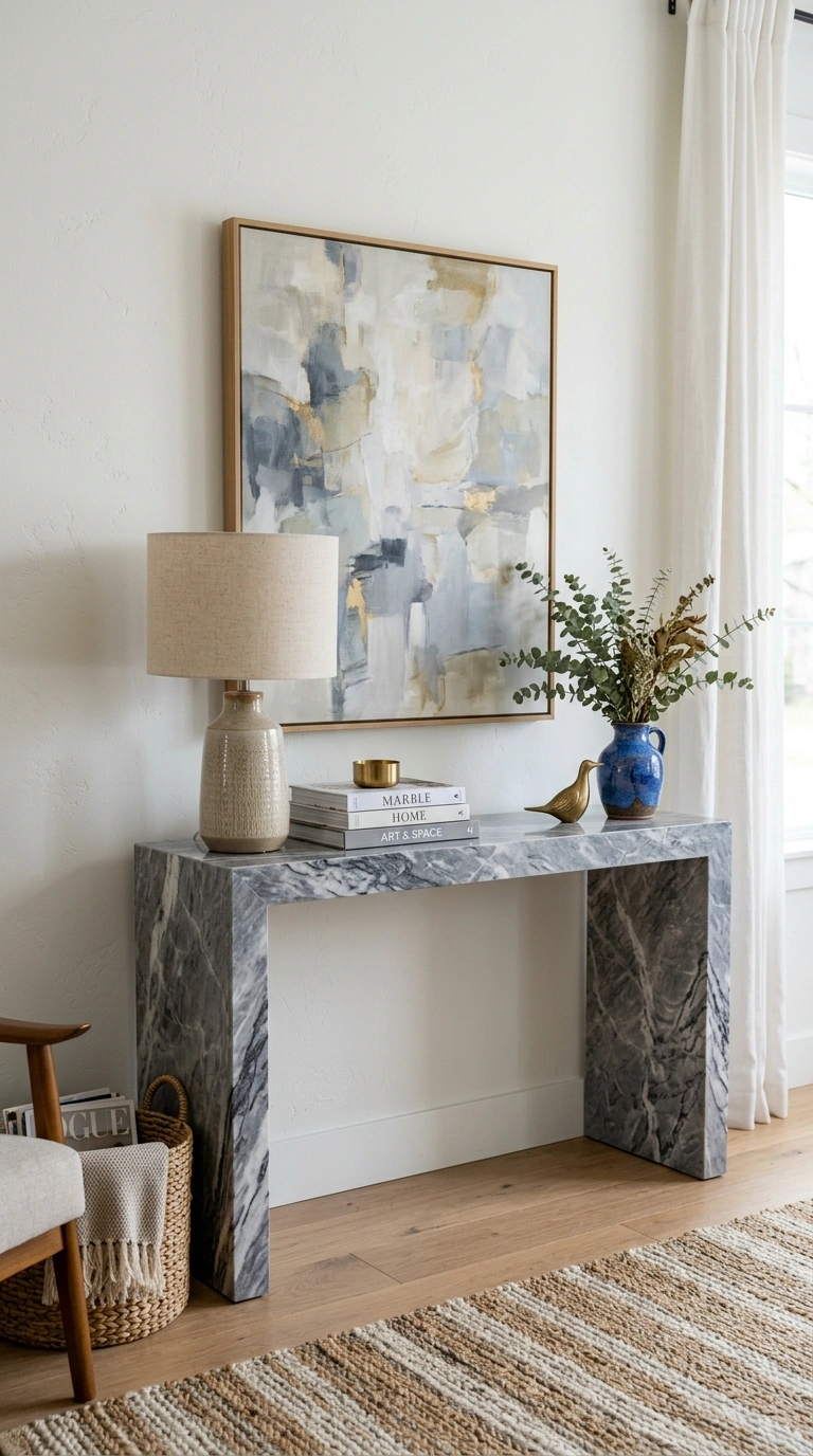 020 Gray Marble Console A gray veined marble console t