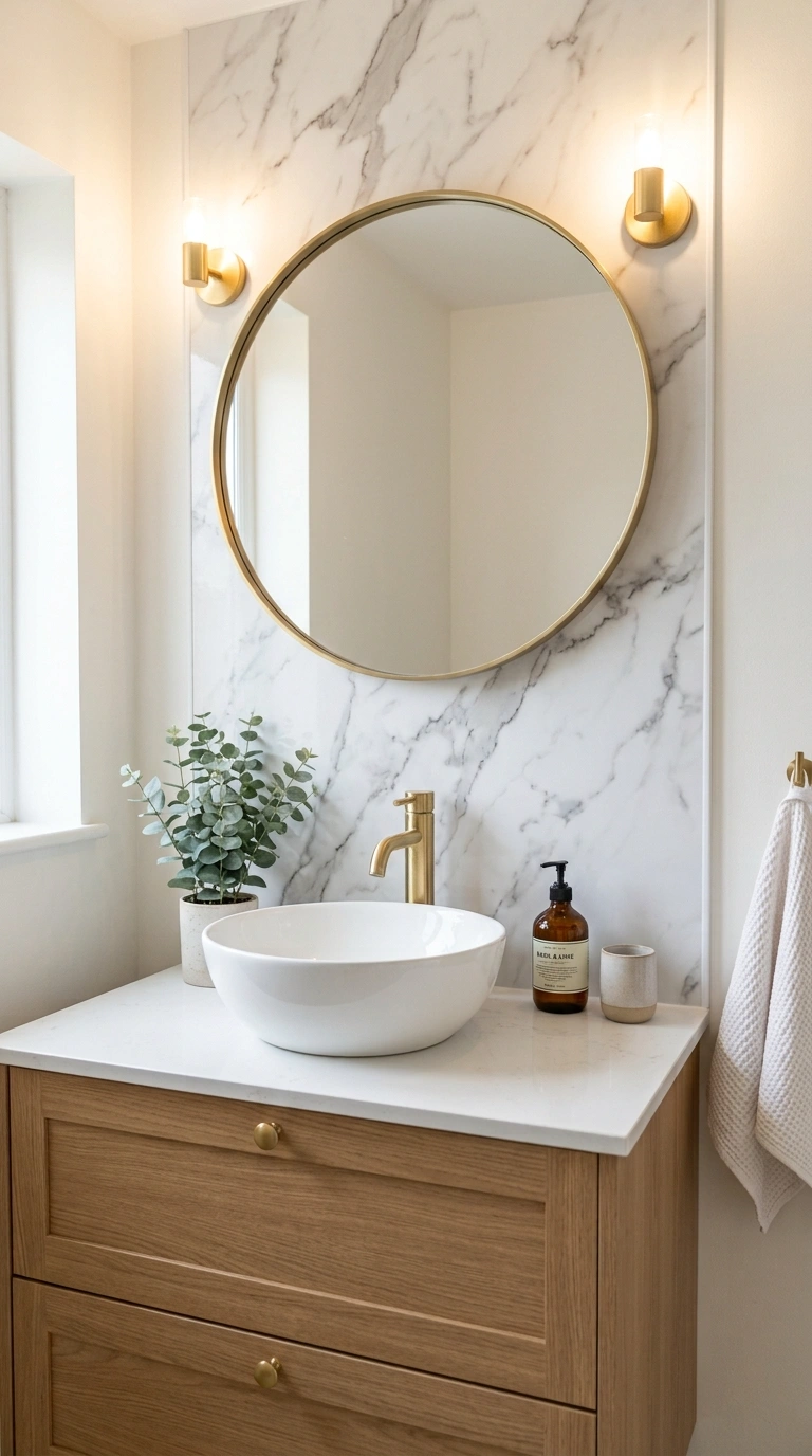 020 Panel Backsplash Vanity A bathroom vanity featurin