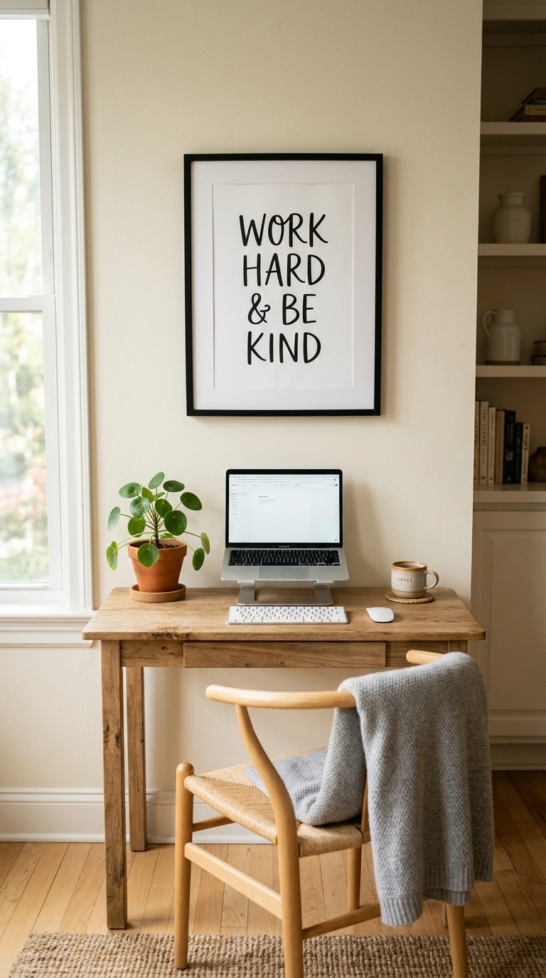23 Easy Wall Decor Ideas to Make Any Room Look Brand New 21 020 Quote Art Print A small home office nook with a si