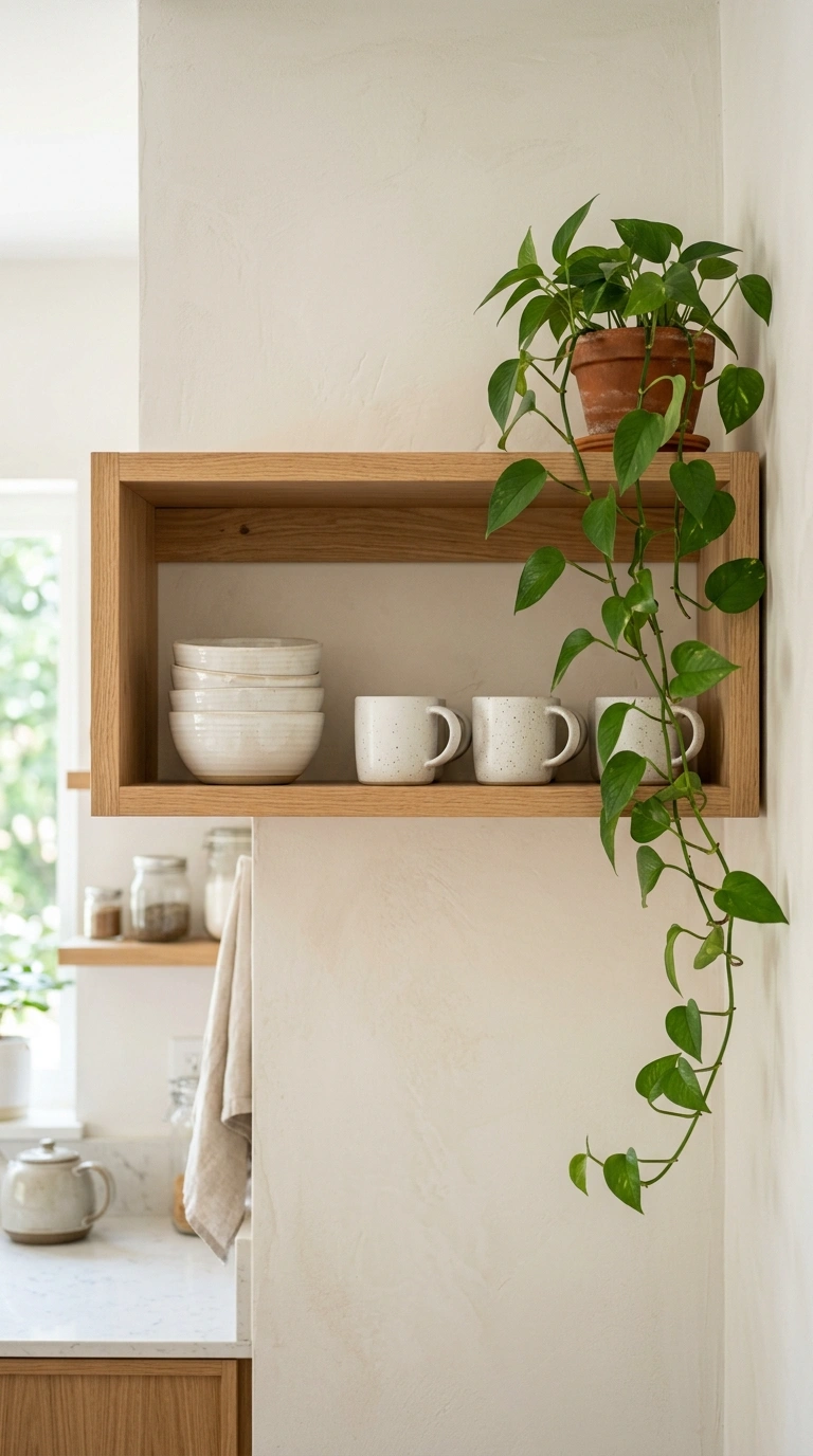 020 Simple Kitchen Shelf An open kitchen shelf holding