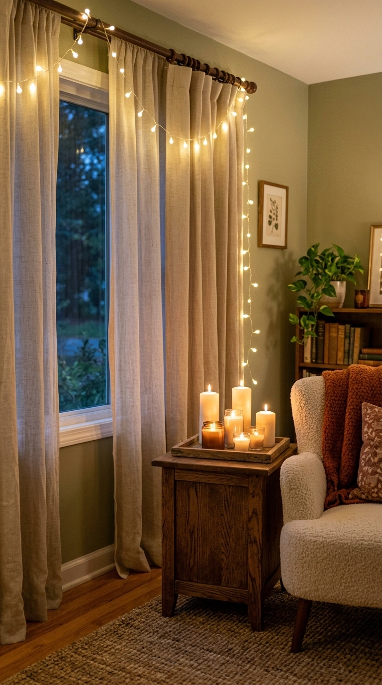 020 String Light Corner A living room corner with warm