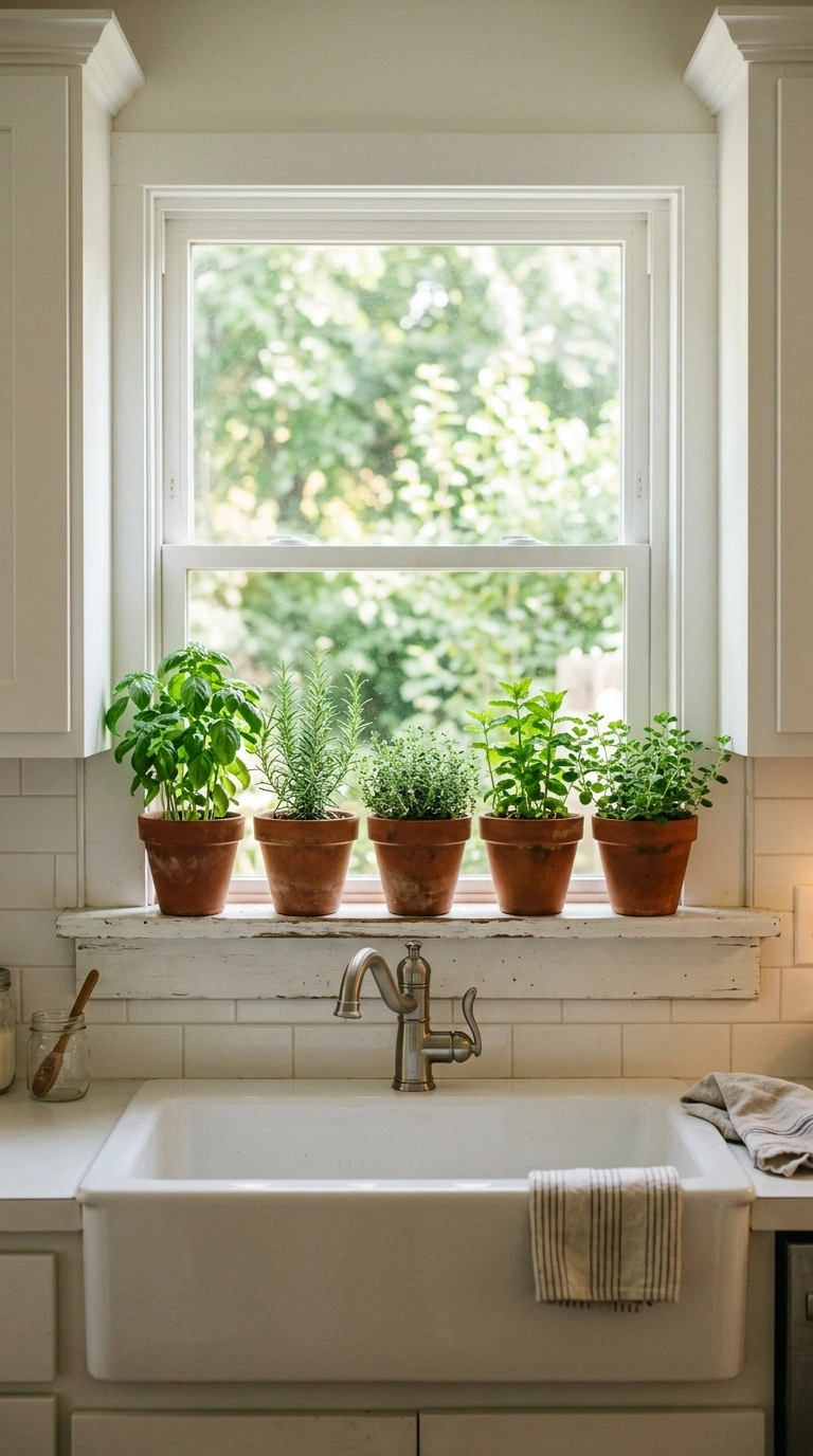 020 Terracotta Pot Accents A white kitchen windowsill