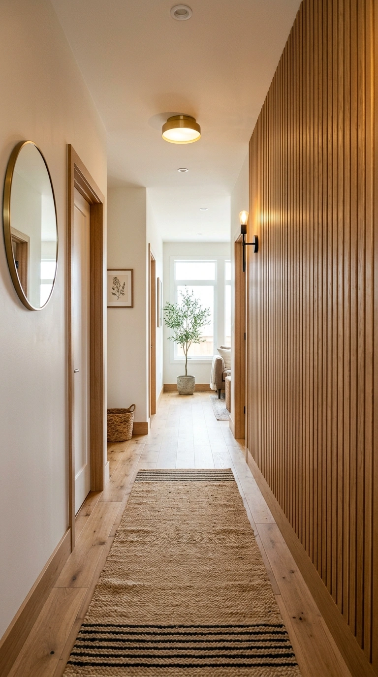 020 Wood Accent Panel A hallway with a wood slat accen