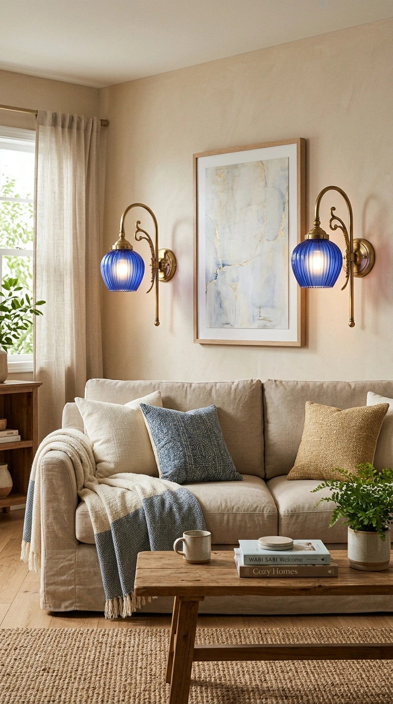 23 Blue and Beige Living Room Ideas That Make This Classic Pairing Work 22 021 21 Blue Wall Sconces A living room with curved bra