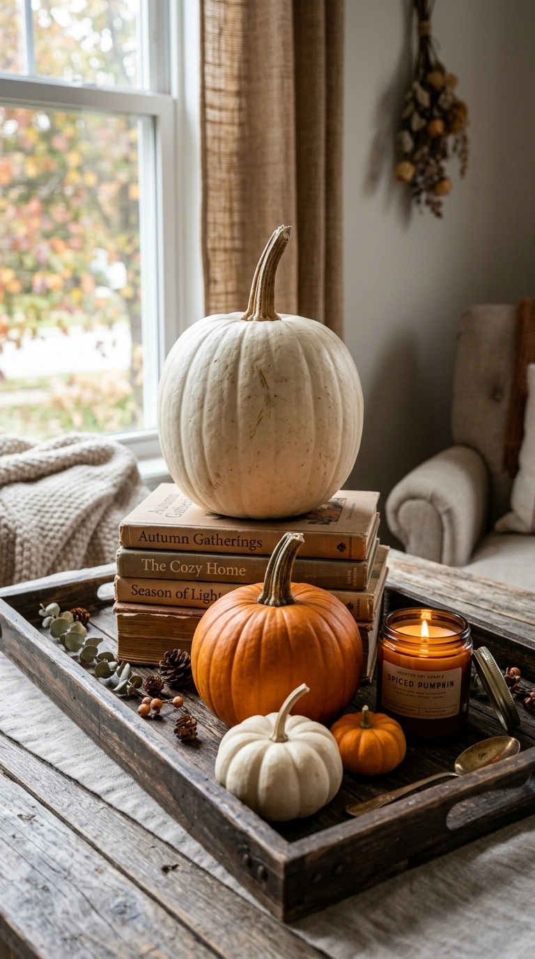 021 21 Layered Pumpkin Heights A tray styled with a ta