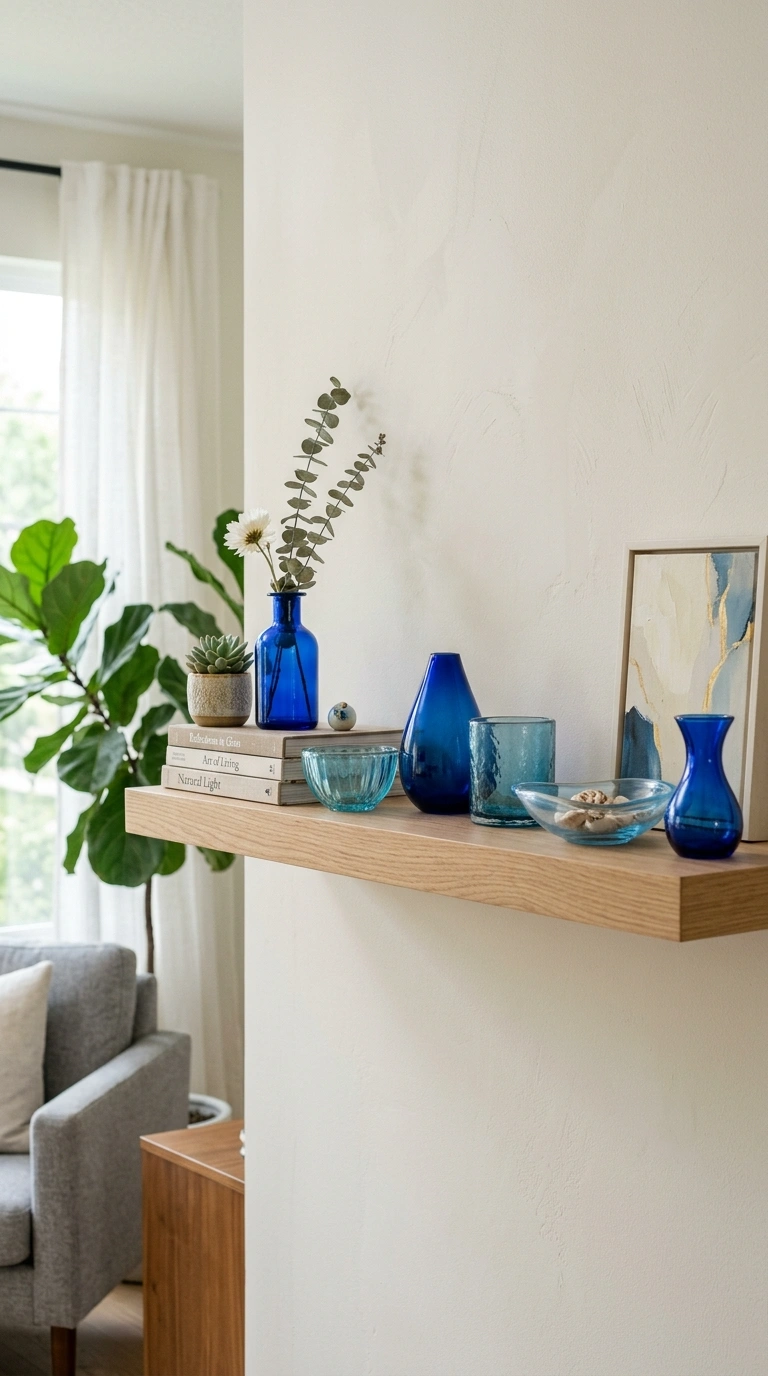 021 Blue Glass Accents A shelf styled with small blue