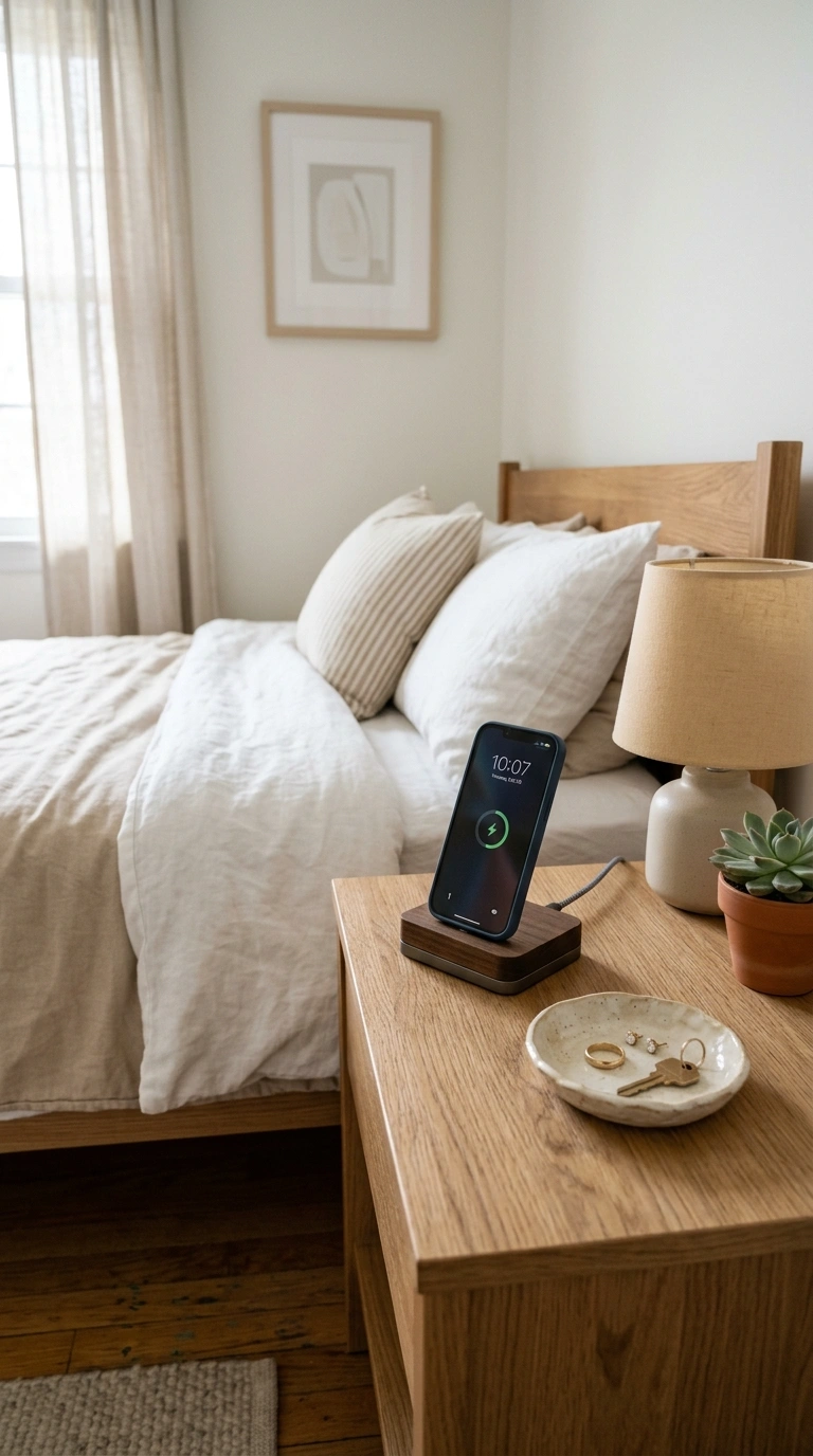 021 Charging Station Setup A wooden nightstand beside