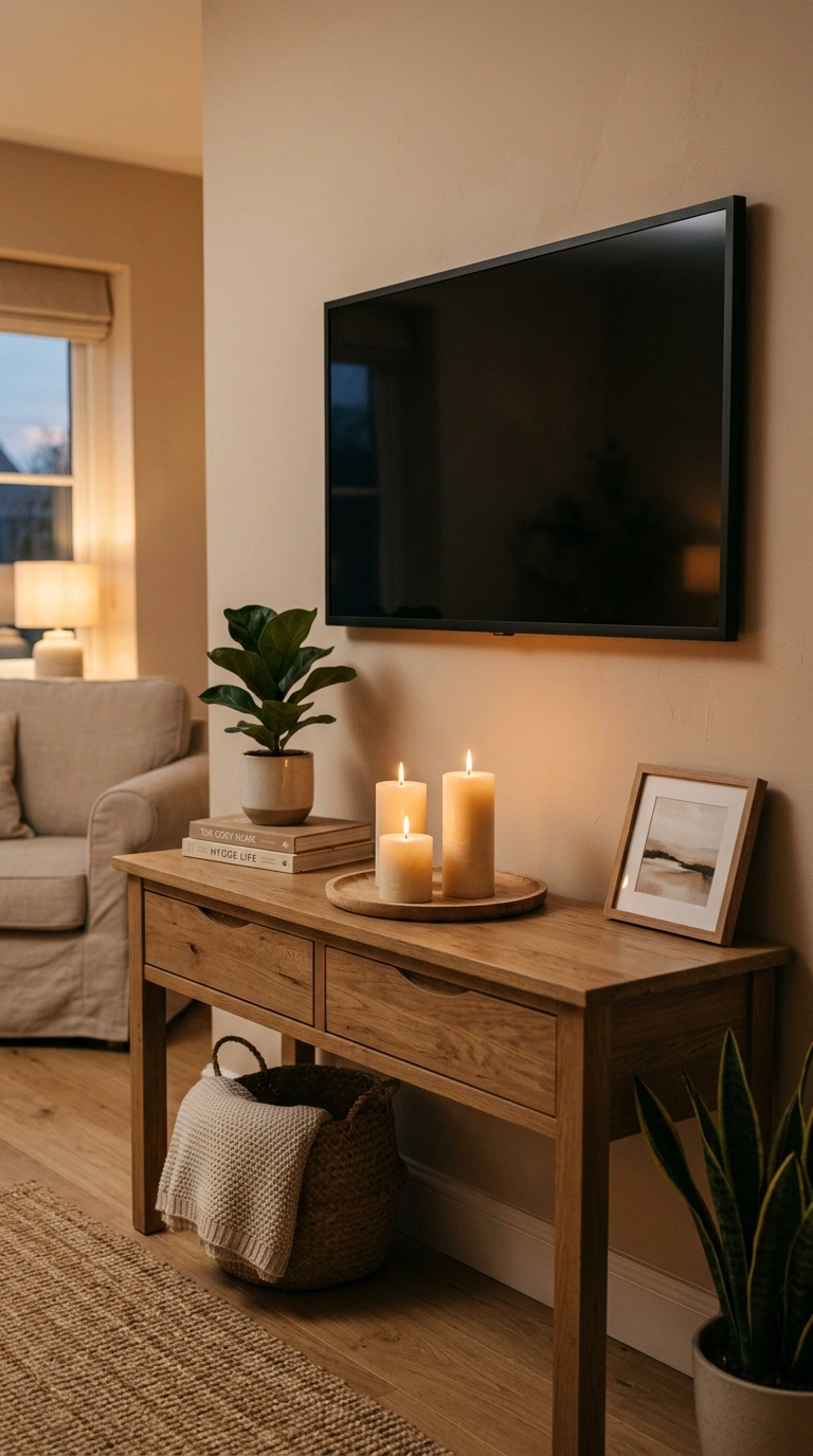 021 Console With Candle Trio A cozy living room consol