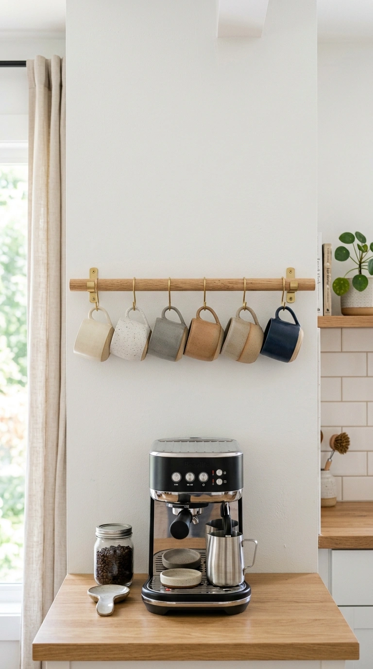 021 Hanging Mug Rack A wood dowel mounted on a white k