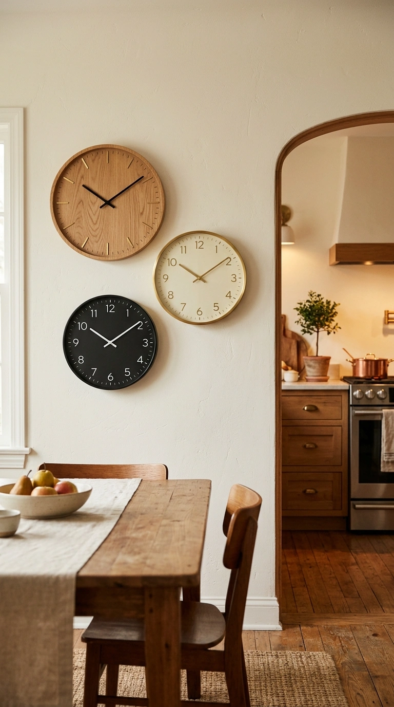 021 Layered Wall Clocks A dining room wall near the ki