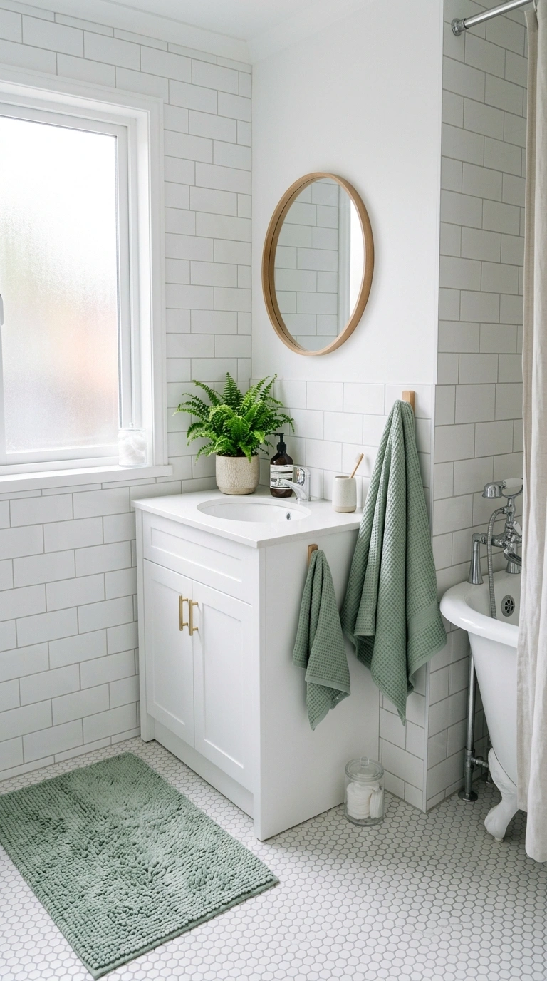 021 Pastel Bathroom Accents A white tiled bathroom wit