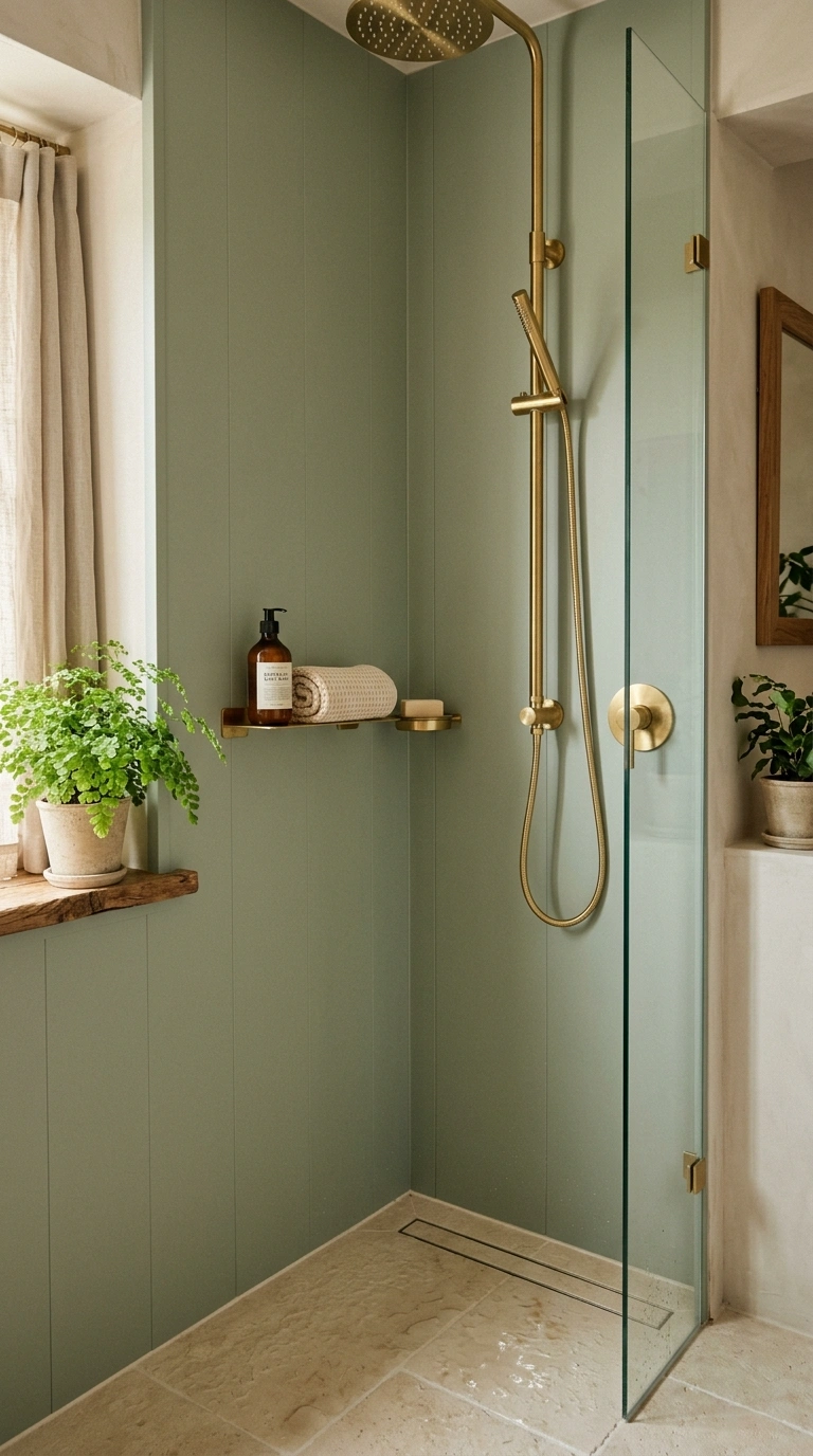 021 Sage Green Panels A bathroom shower wall featuring