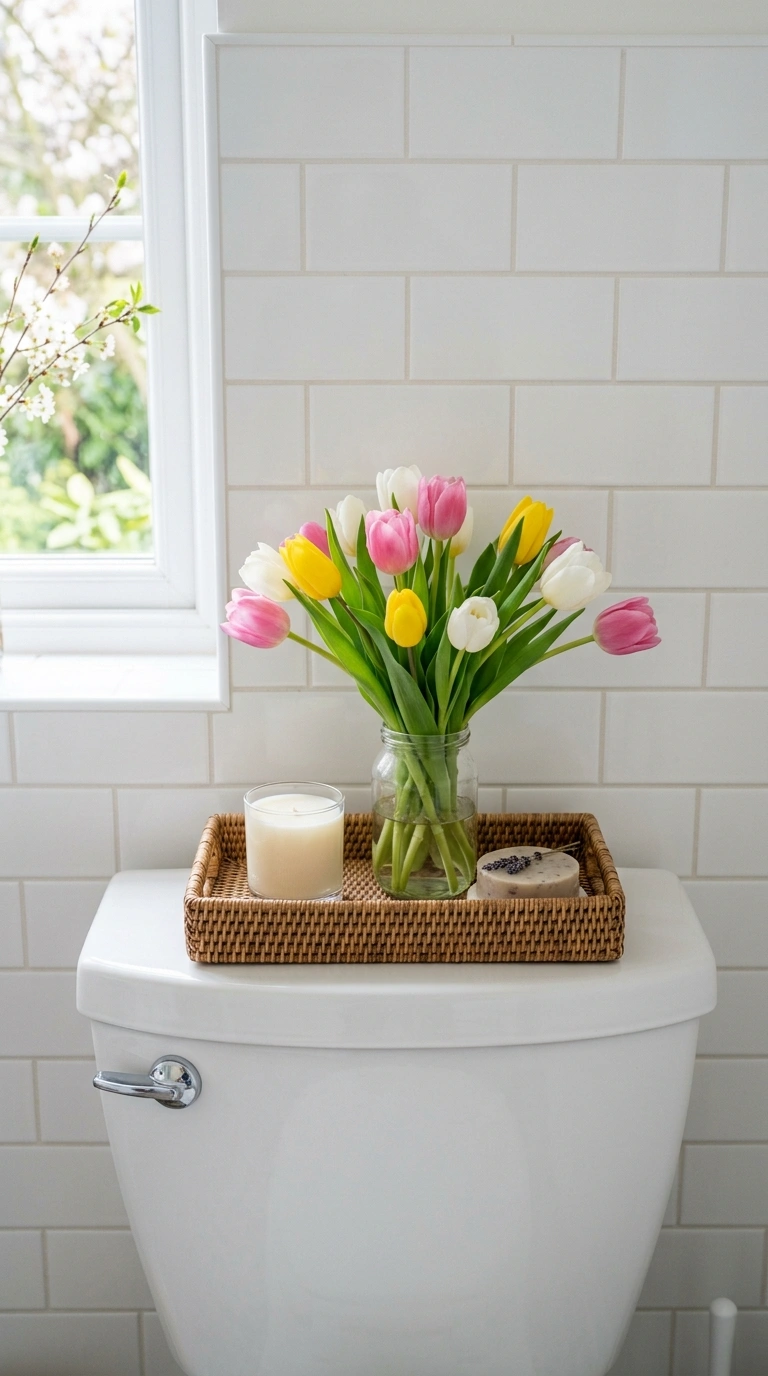 21 Toilet Tank Decor Ideas for a Prettier Bathroom 22 021 Seasonal Accent Swap A toilet tank styled with a w