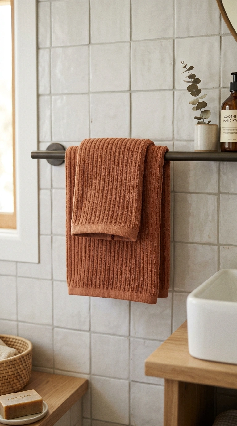 021 Textured Hand Towels A bathroom towel bar featurin