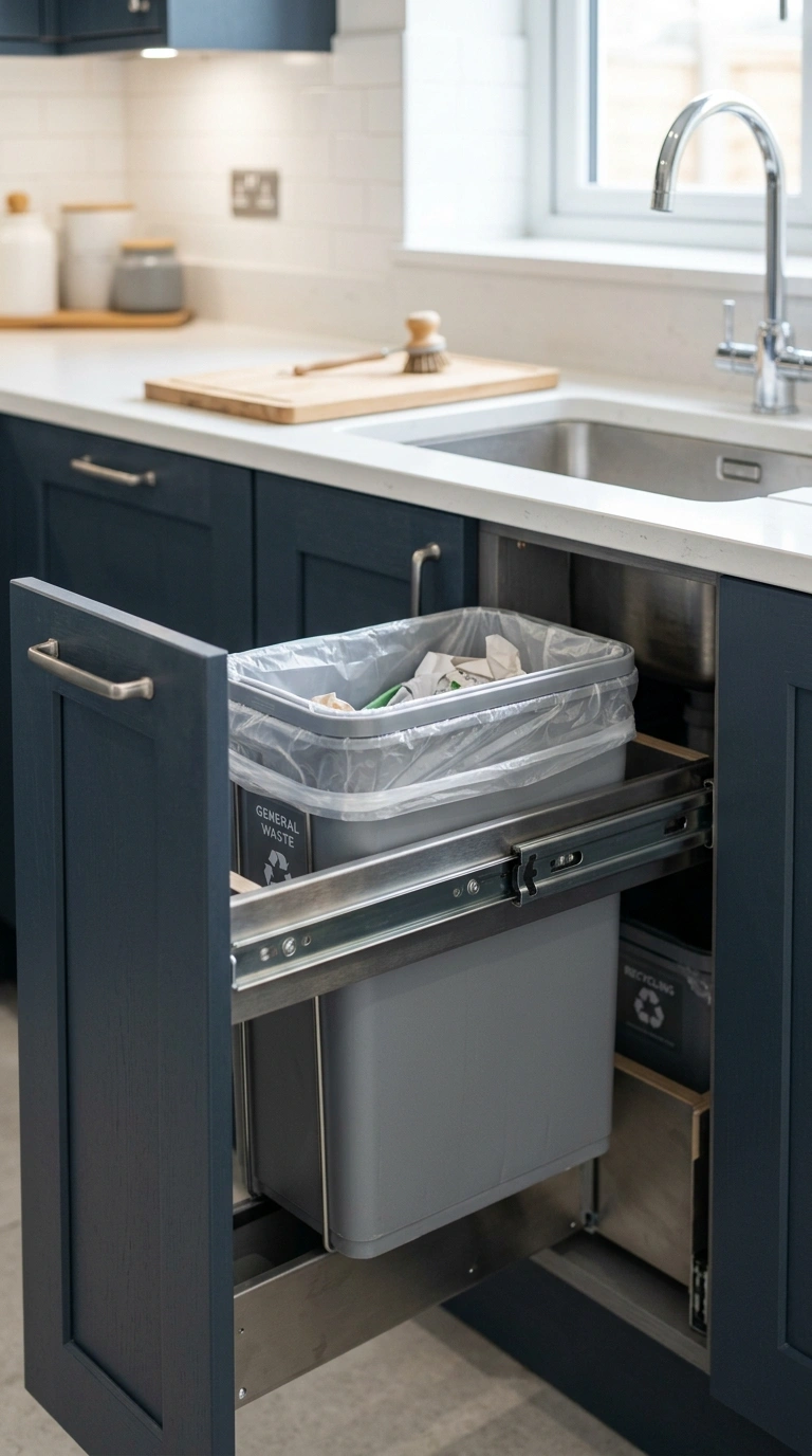 22 Creative Mini Kitchen Ideas for Small Spaces 22 021 Tucked In Trash Bin A slim pull out trash bin