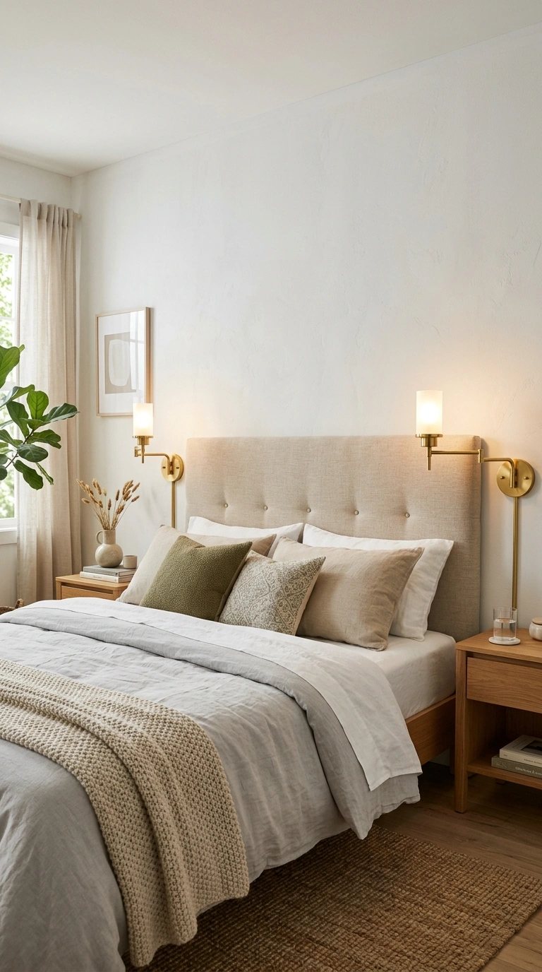 021 Wall Mounted Sconces A bedroom featuring brass wal