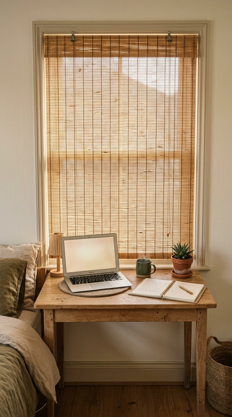 021 Woven Blind Backdrop A woven bamboo blind partiall