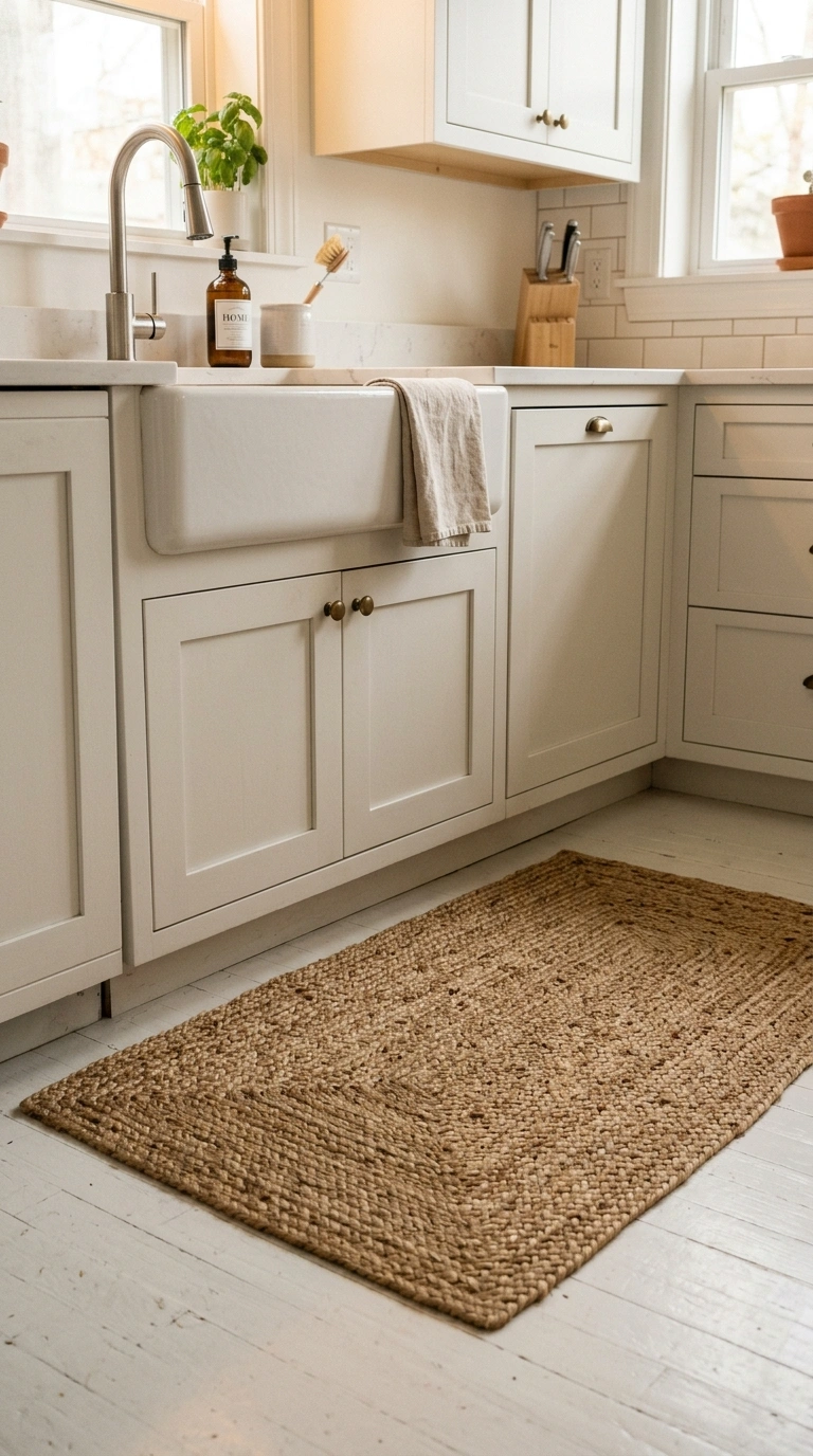 021 Woven Jute Rug A white kitchen floor featuring a n