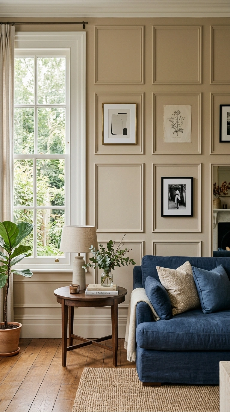 23 Blue and Beige Living Room Ideas That Make This Classic Pairing Work 23 022 22 Beige Wall Molding A living room wall featuring