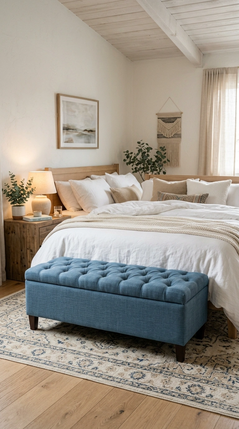 022 Blue Tufted Ottoman A bedroom featuring a rectangu