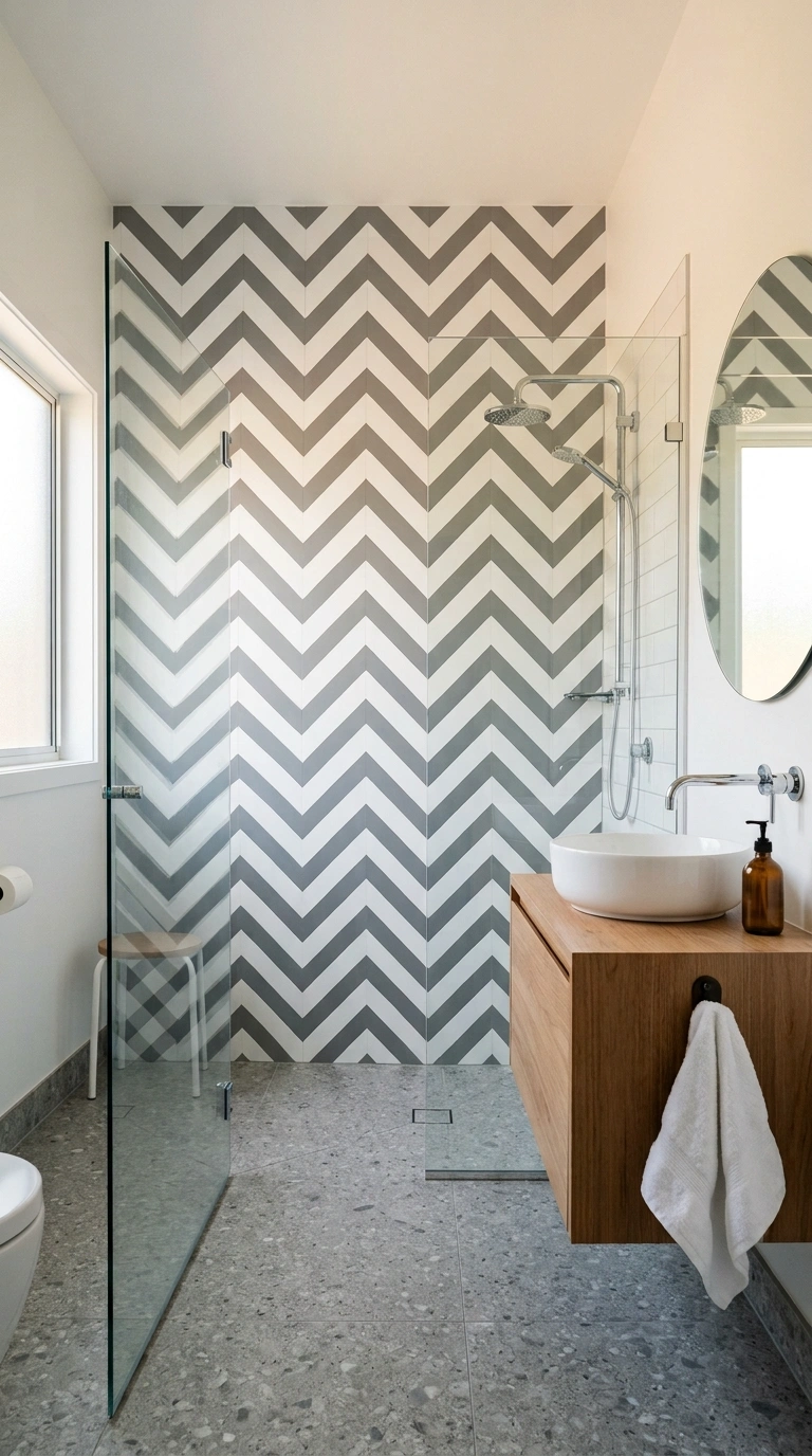 022 Chevron Pattern Panels A modern bathroom featuring