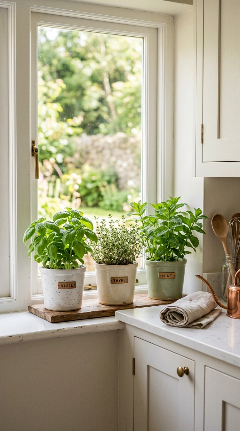 022 Fresh Herb Garden A white kitchen windowsill lined