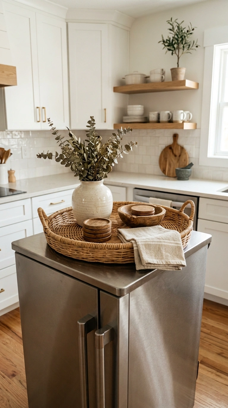 022 Rattan Tray Arrangement A warm modern kitchen with