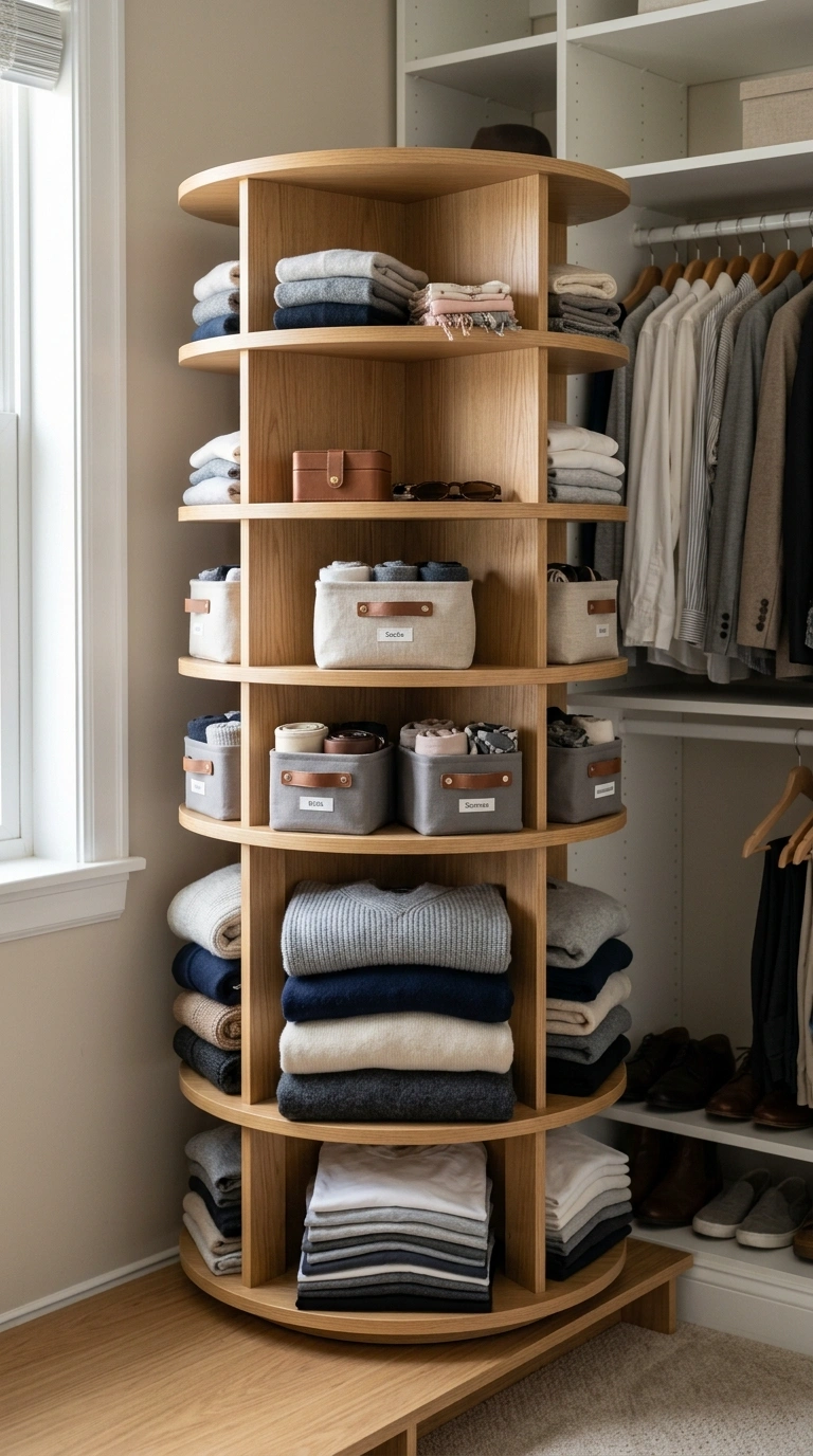 022 Rotating Closet Organizer A rotating corner shelf